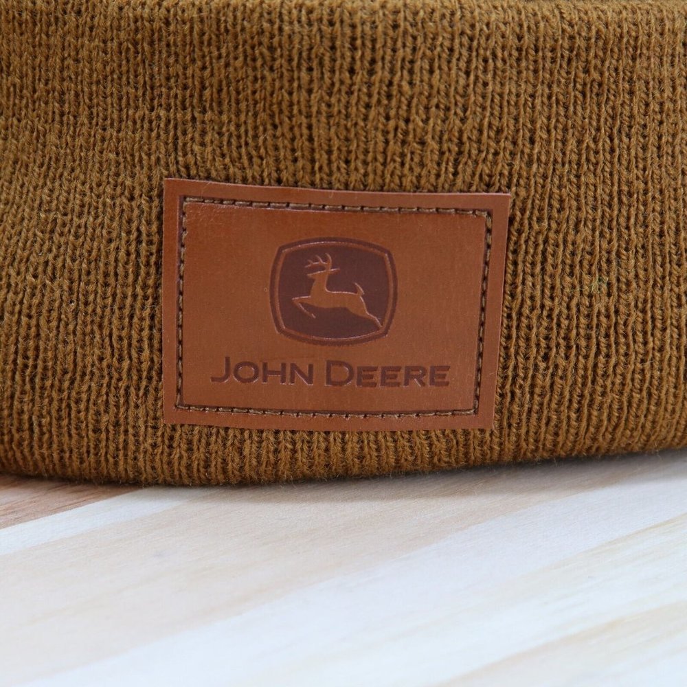 John Deere Brown Tan Cuffed Beanie Hat Stocking Cap Winter Skully - Picture 2 of 7